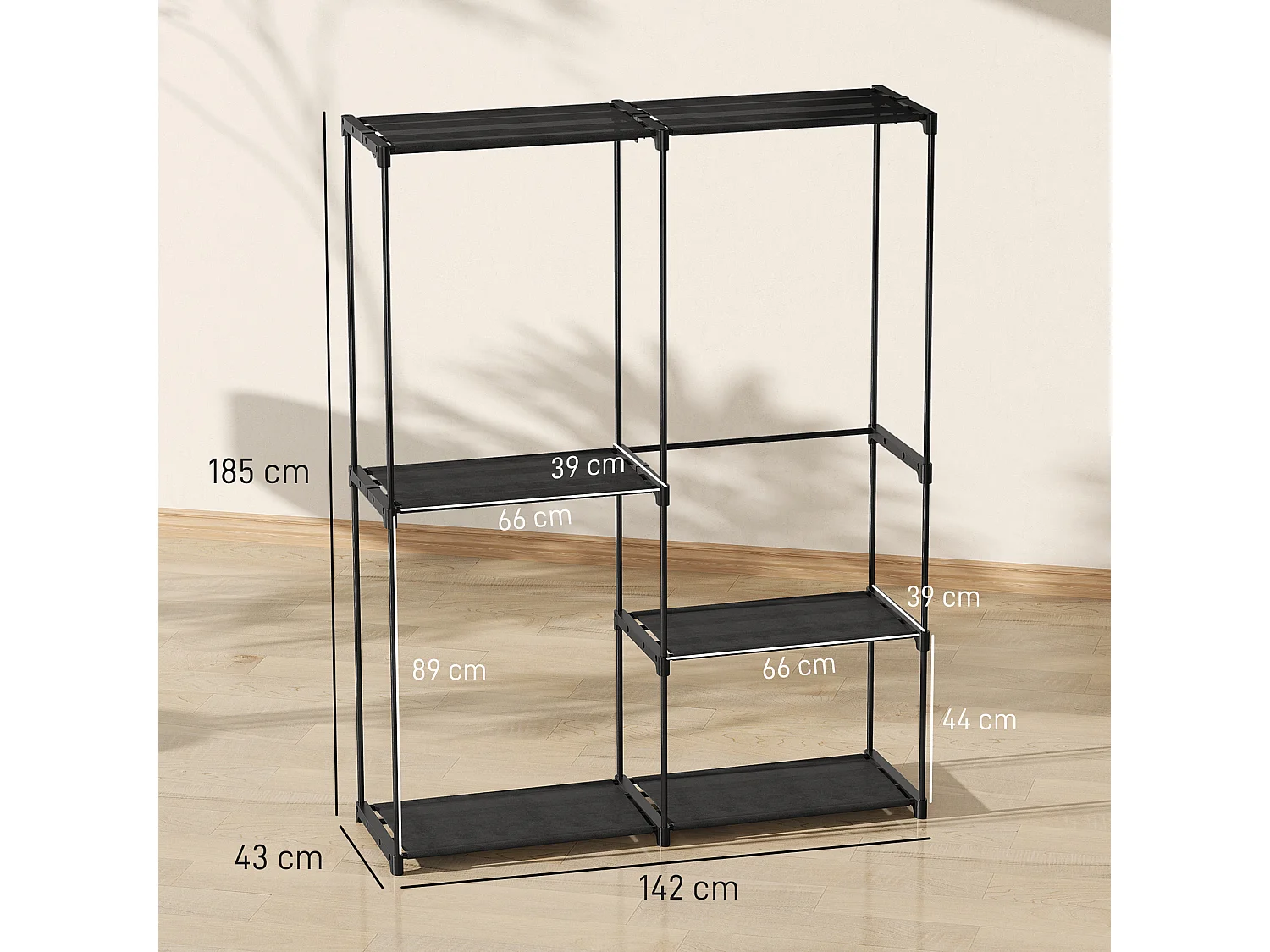 Armadio guardaroba in tessuto nero con 2 aste e 4 ripiani