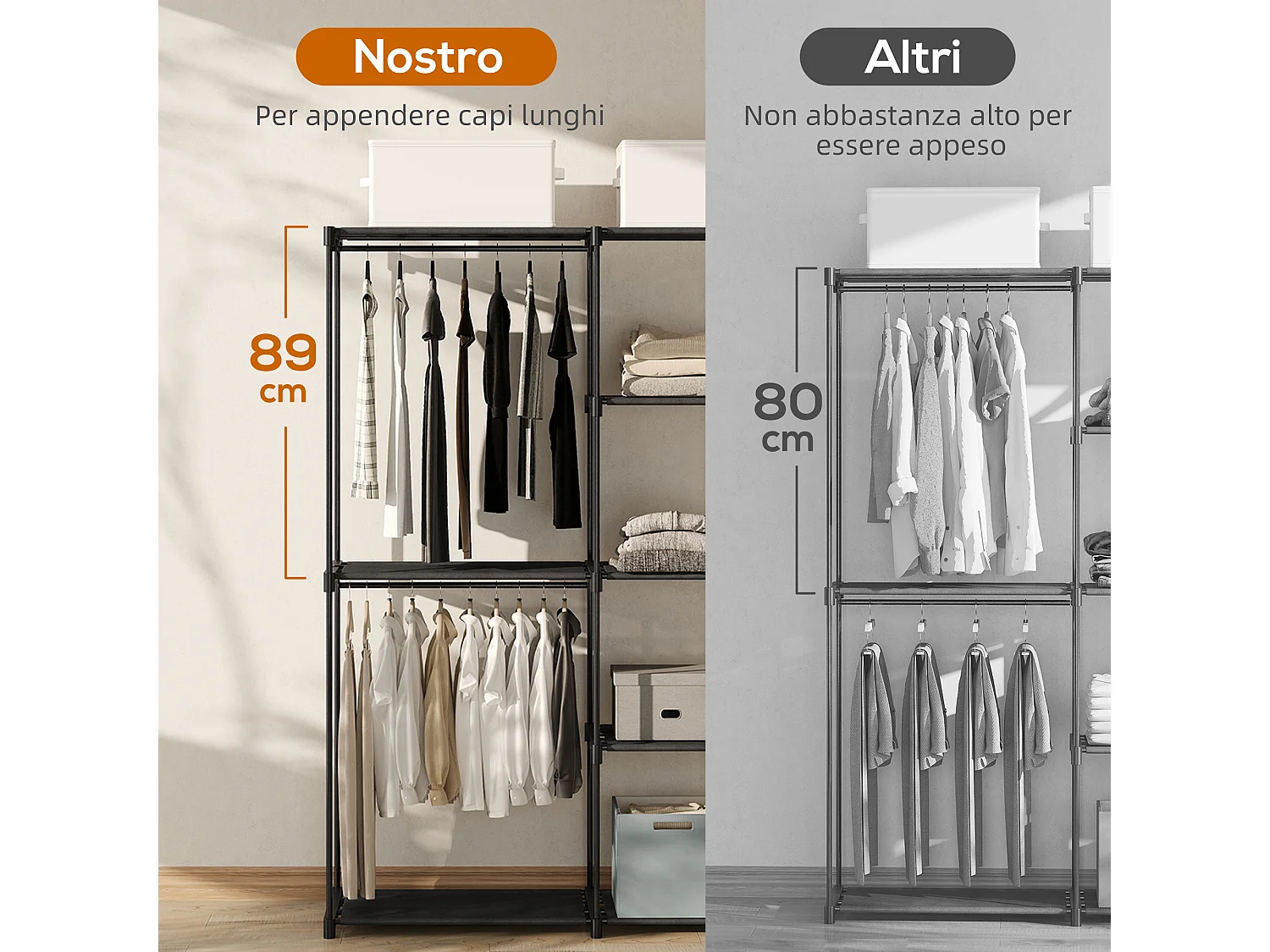 Armadio guardaroba in tessuto nero con 2 aste e 4 ripiani