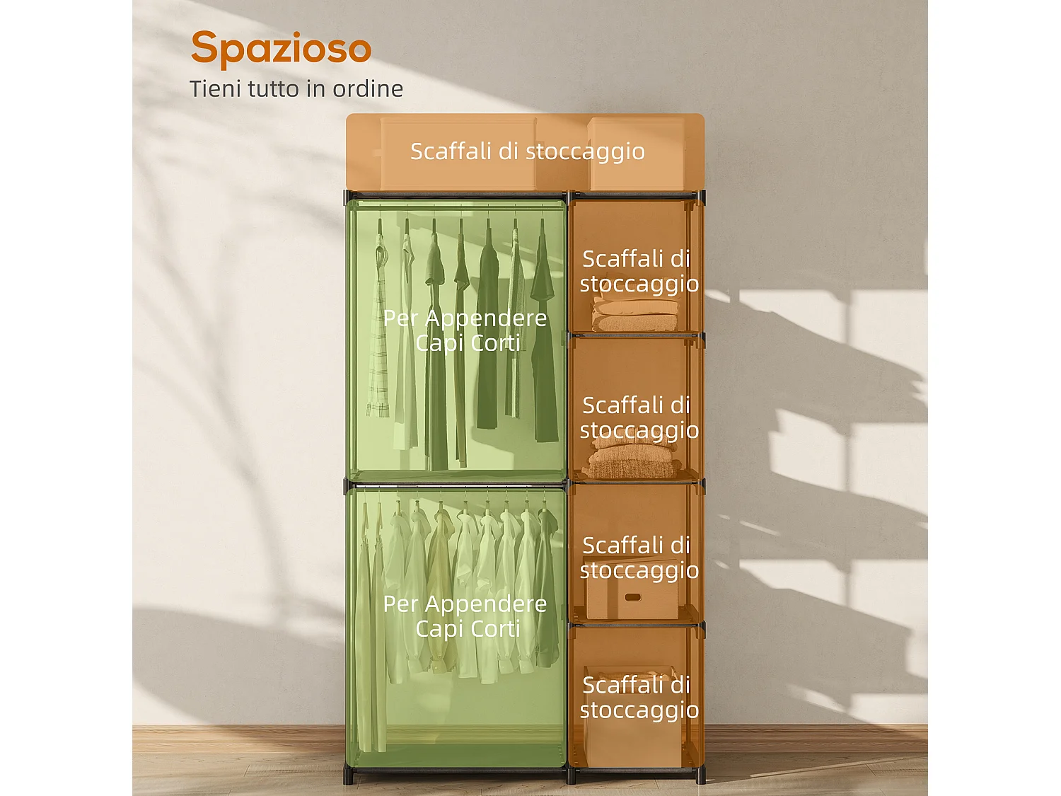 Armadio guardaroba in tessuto nero con 2 aste e 4 ripiani