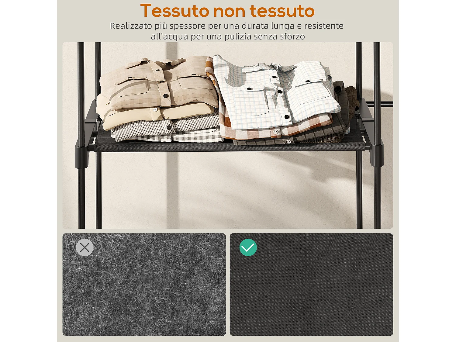 Armadio guardaroba in tessuto nero con 2 aste e 4 ripiani