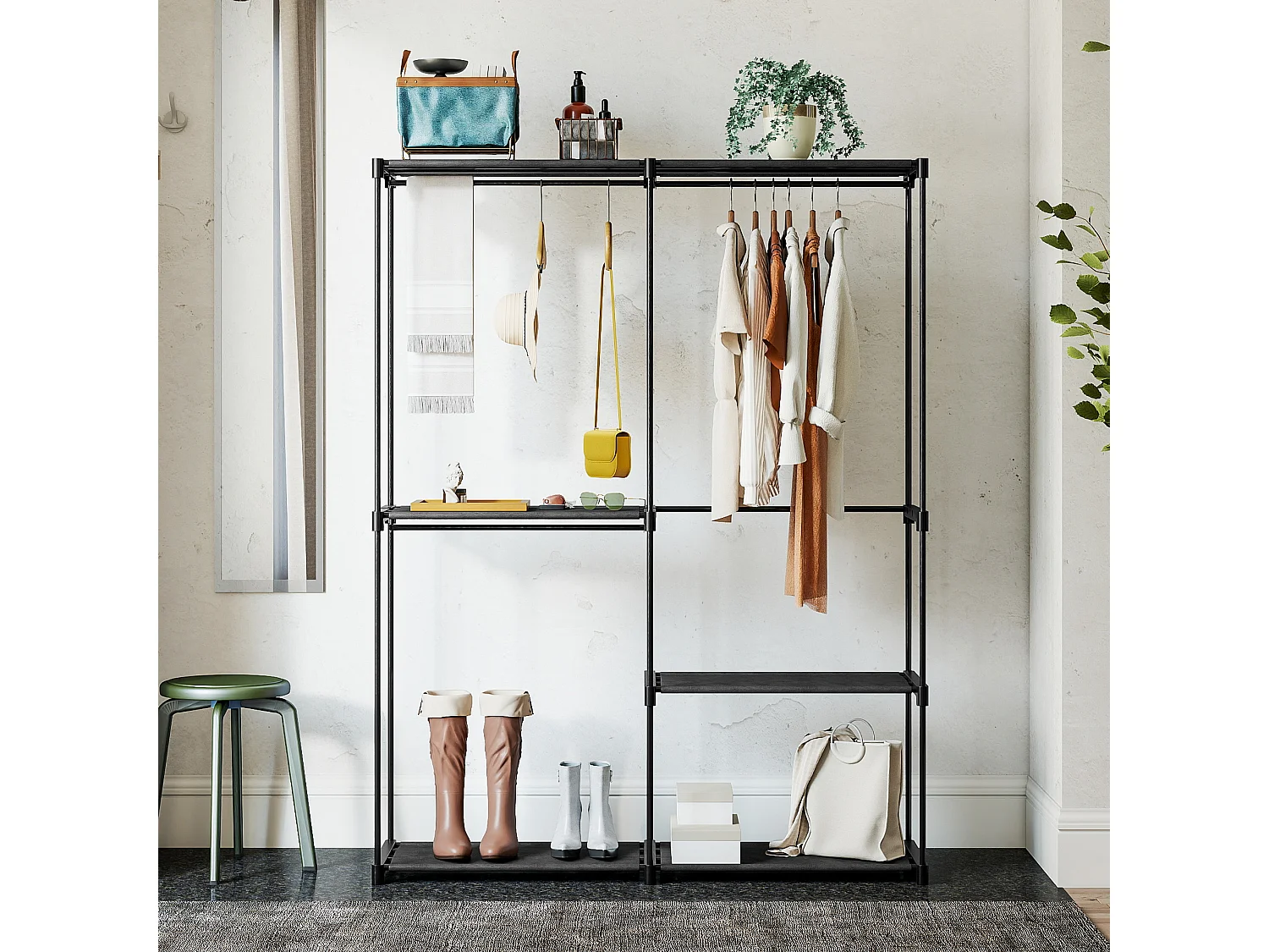 Armadio guardaroba in tessuto nero con 2 aste e 4 ripiani