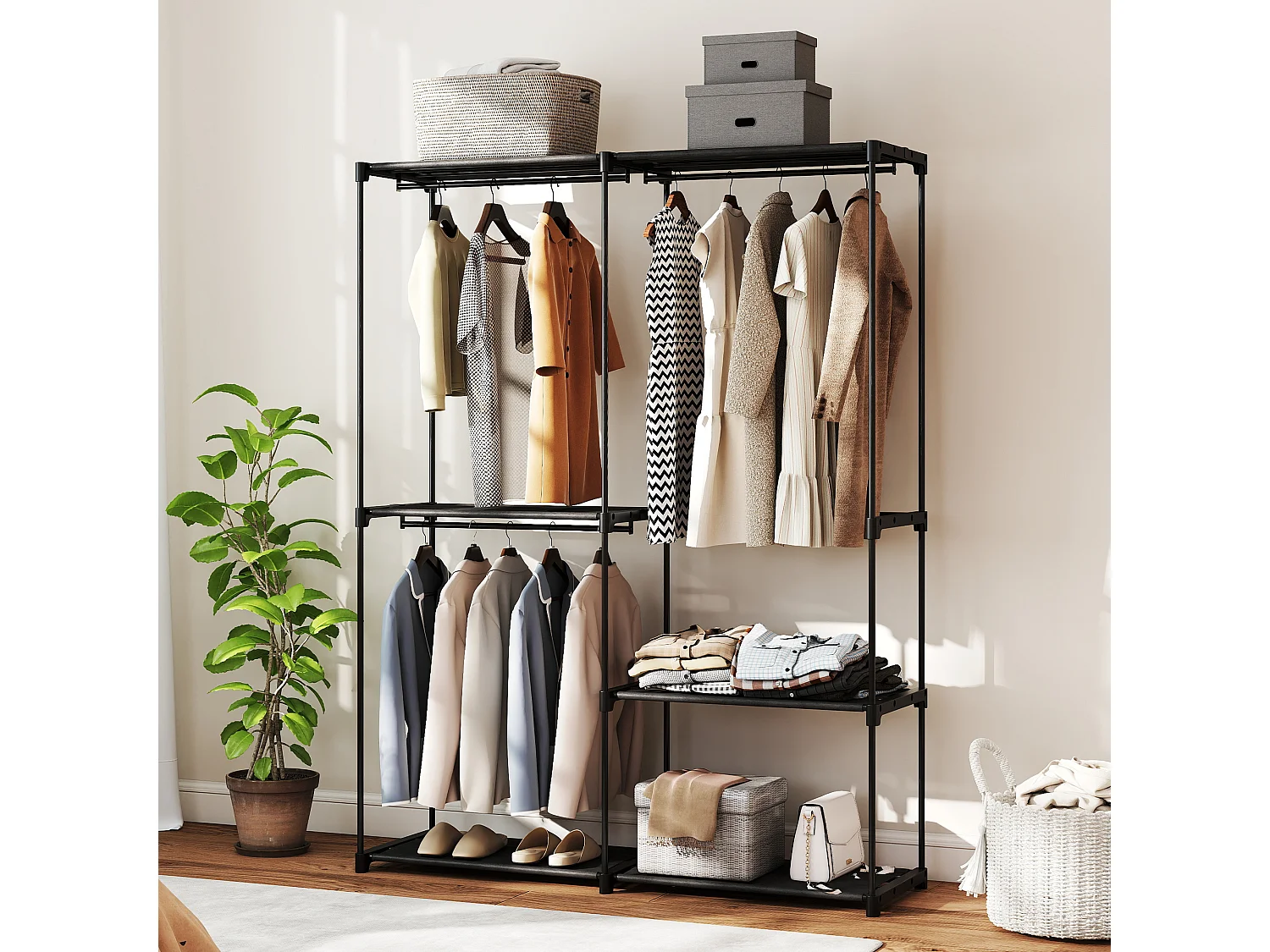 Armadio guardaroba in tessuto nero con 2 aste e 4 ripiani