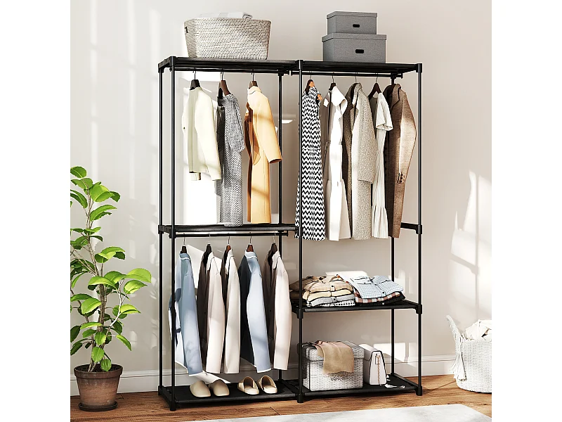 Armadio guardaroba in tessuto nero con 2 aste e 4 ripiani