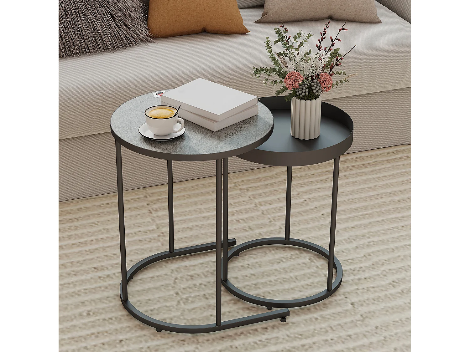 Set 2 tavolini da salotto impilabili in stile industriale con bordo rialzato tavolini rotondi in mdf e metallo