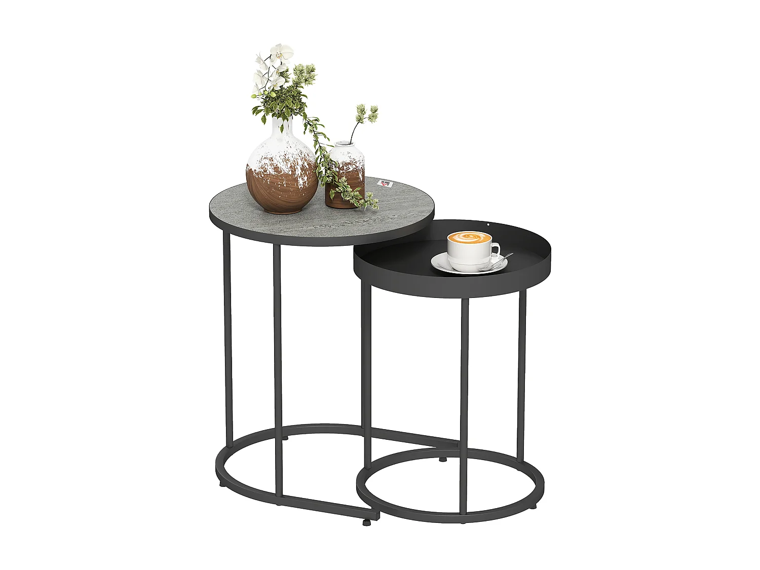 Set 2 tavolini da salotto impilabili in stile industriale con bordo rialzato tavolini rotondi in mdf e metallo