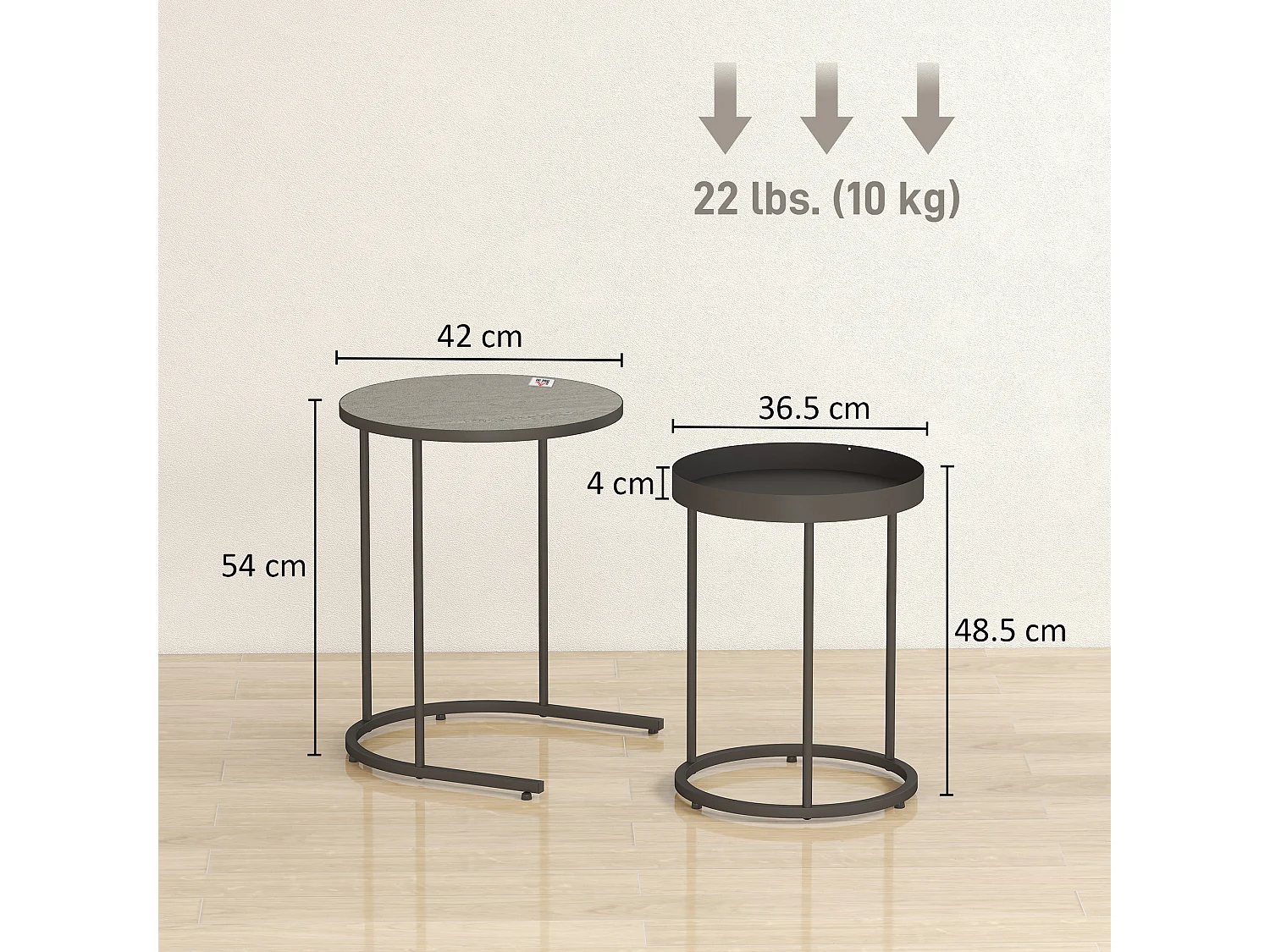 Set 2 tavolini da salotto impilabili in stile industriale con bordo rialzato tavolini rotondi in mdf e metallo