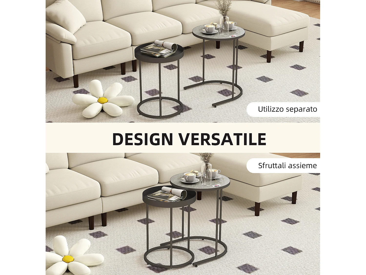 Set 2 tavolini da salotto impilabili in stile industriale con bordo rialzato tavolini rotondi in mdf e metallo