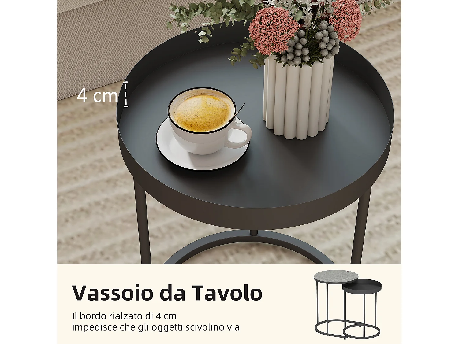 Set 2 tavolini da salotto impilabili in stile industriale con bordo rialzato tavolini rotondi in mdf e metallo