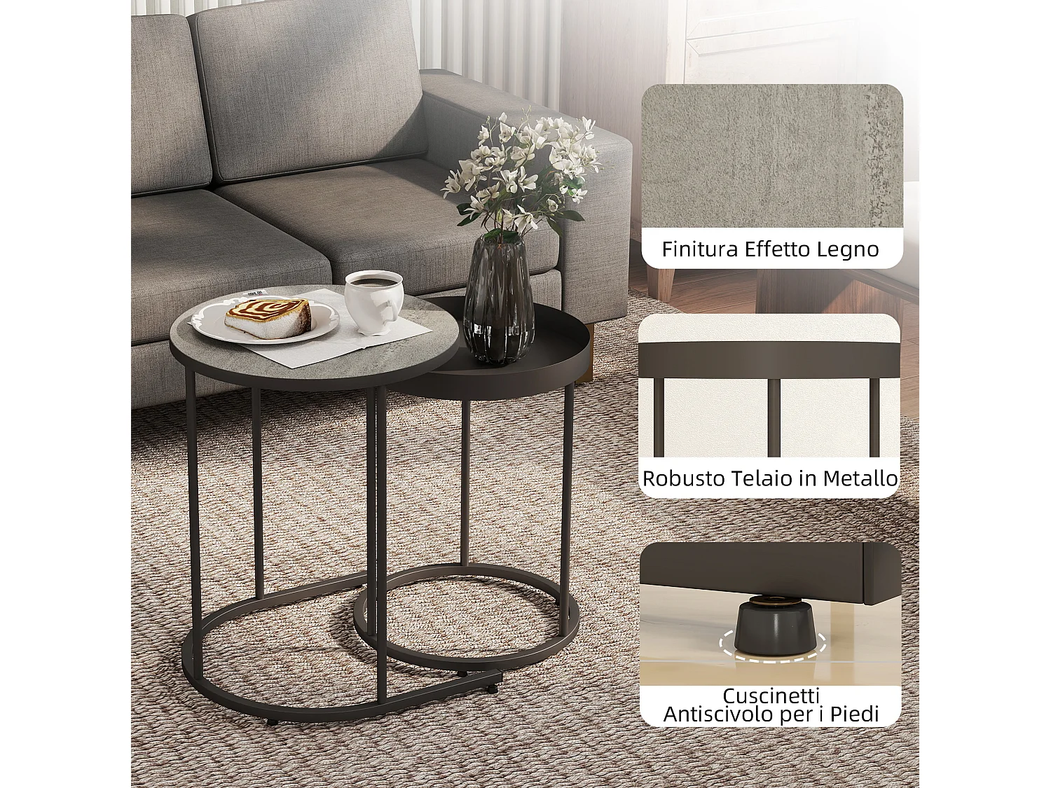 Set 2 tavolini da salotto impilabili in stile industriale con bordo rialzato tavolini rotondi in mdf e metallo