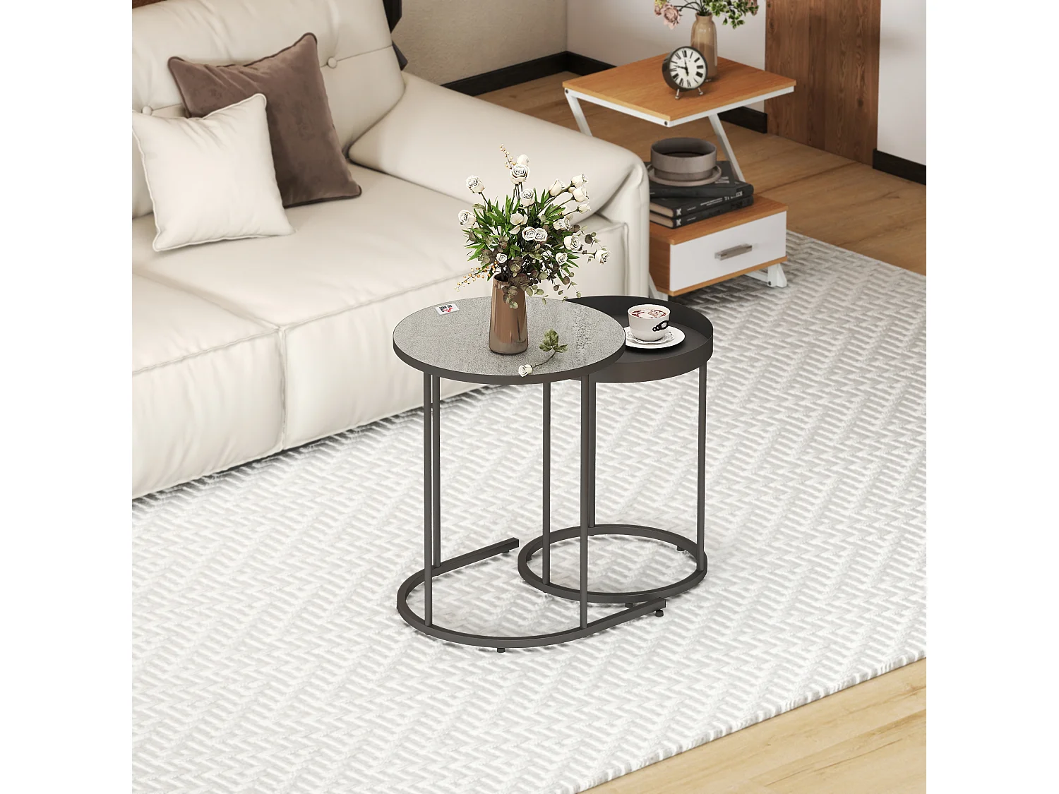 Set 2 tavolini da salotto impilabili in stile industriale con bordo rialzato tavolini rotondi in mdf e metallo