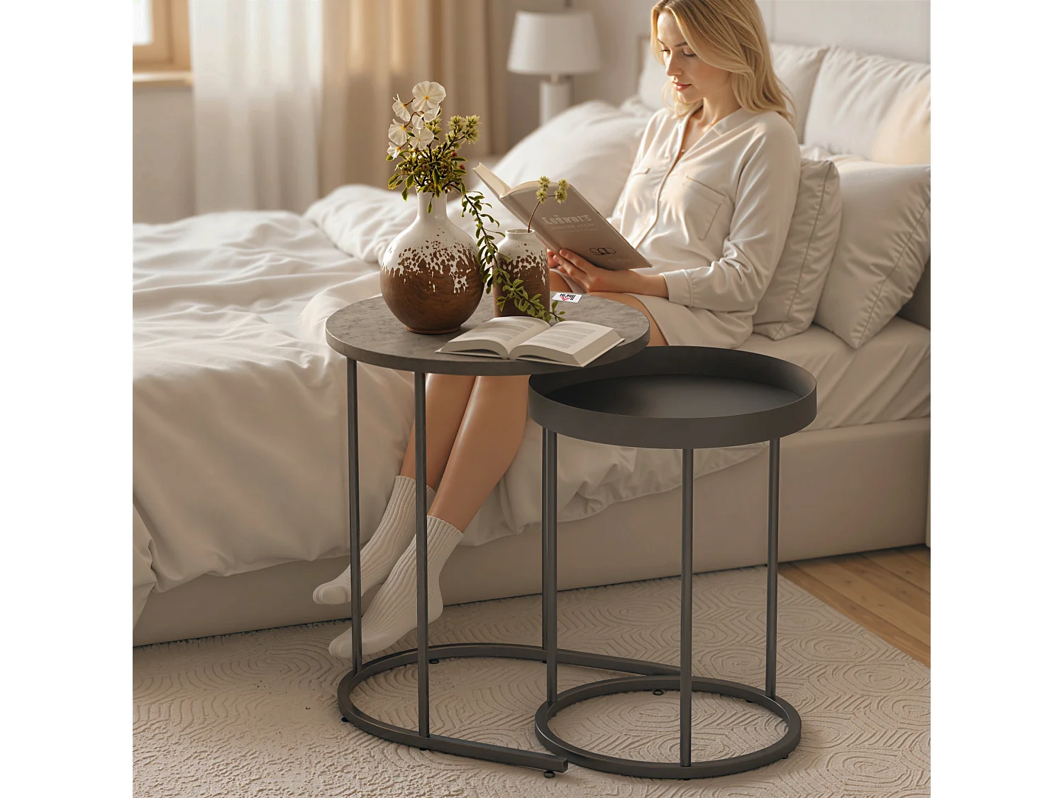 Set 2 tavolini da salotto impilabili in stile industriale con bordo rialzato tavolini rotondi in mdf e metallo