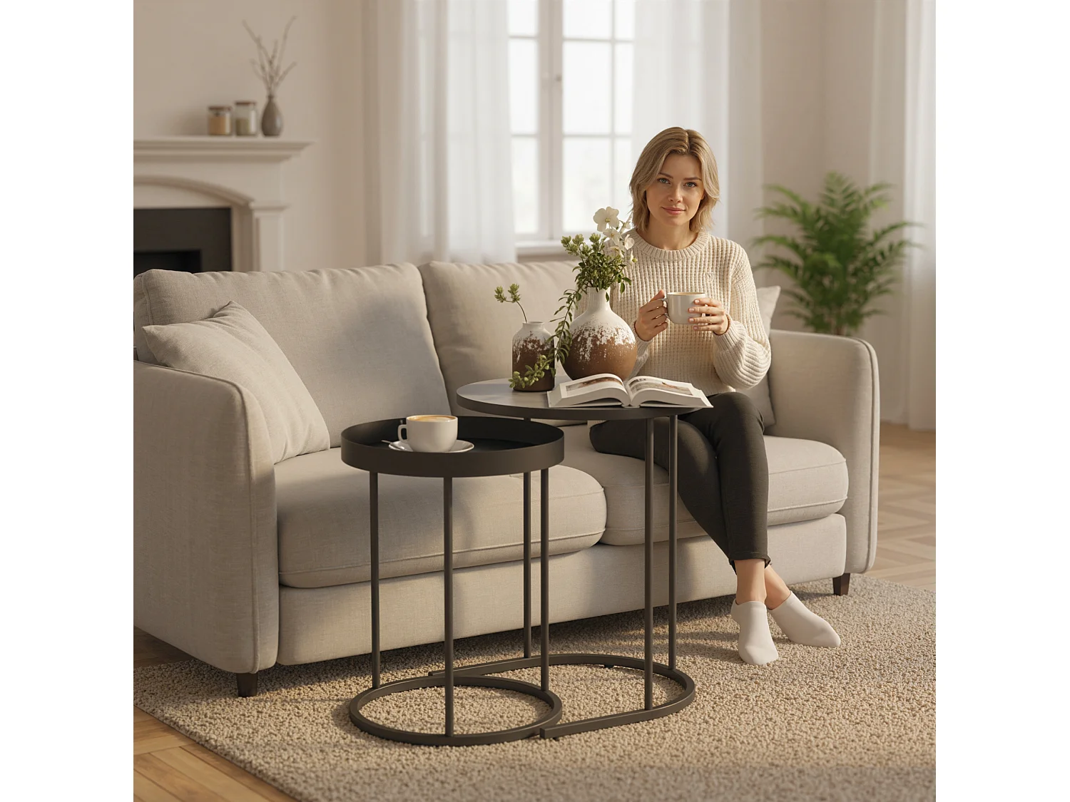 Set 2 tavolini da salotto impilabili in stile industriale con bordo rialzato tavolini rotondi in mdf e metallo