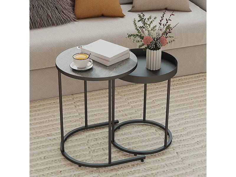 Set 2 tavolini da salotto impilabili in stile industriale con bordo rialzato tavolini rotondi in mdf e metallo