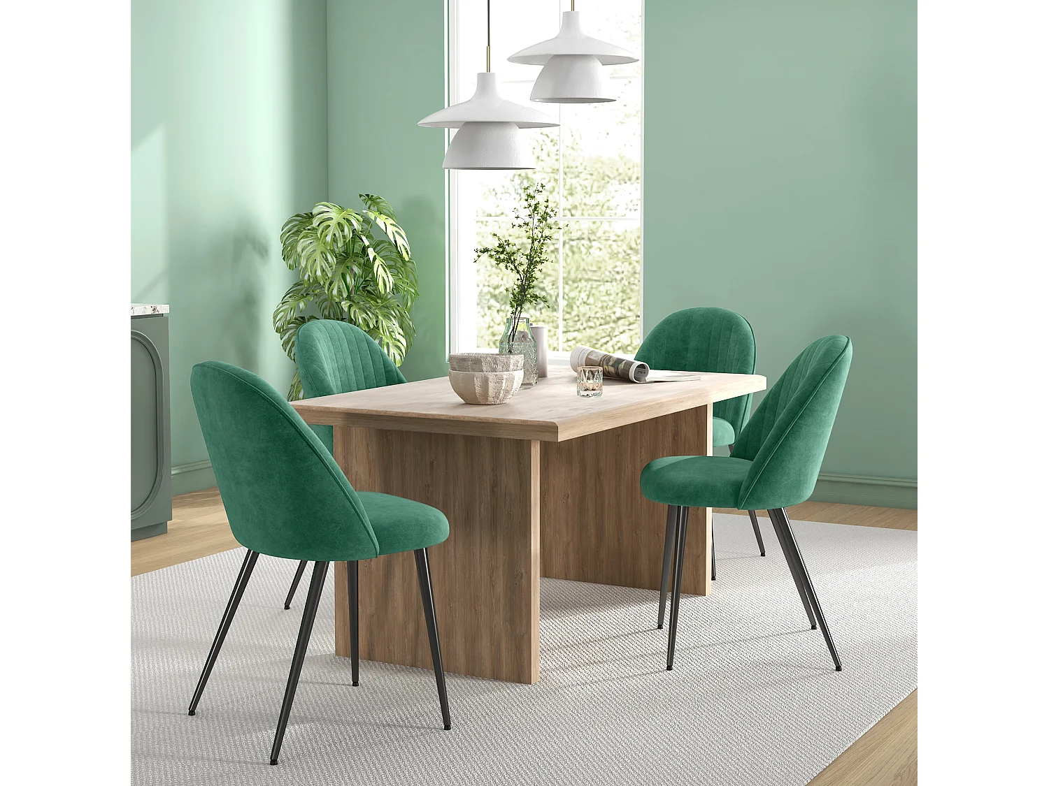 Set 4 sedie imbottite e moderne in tessuto effetto velluto verde