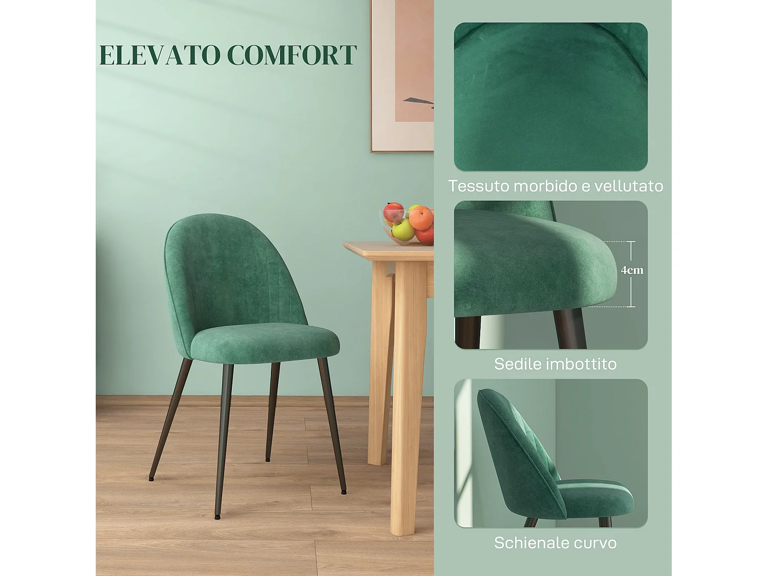 Set 4 sedie imbottite e moderne in tessuto effetto velluto verde