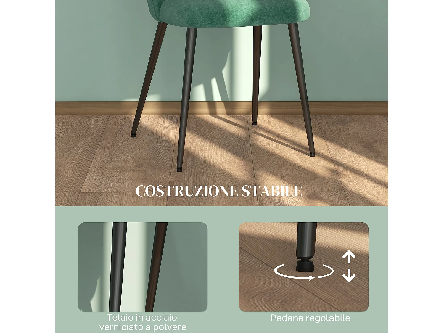 Set 4 sedie imbottite e moderne in tessuto effetto velluto verde