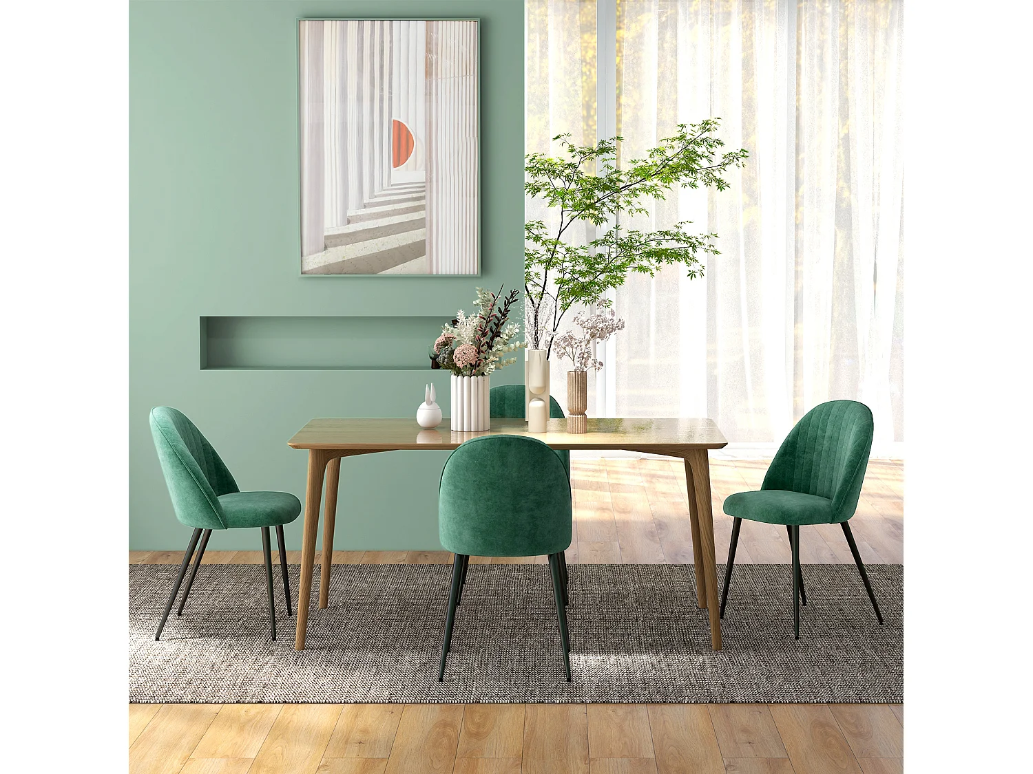 Set 4 sedie imbottite e moderne in tessuto effetto velluto verde