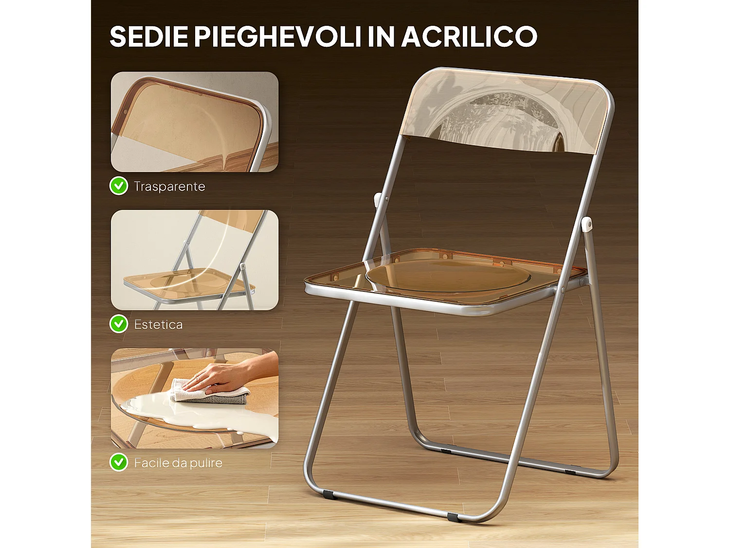 Set di 4 sedie pieghevoli in acrilico sedie richiudibili salvaspazio in acciaio