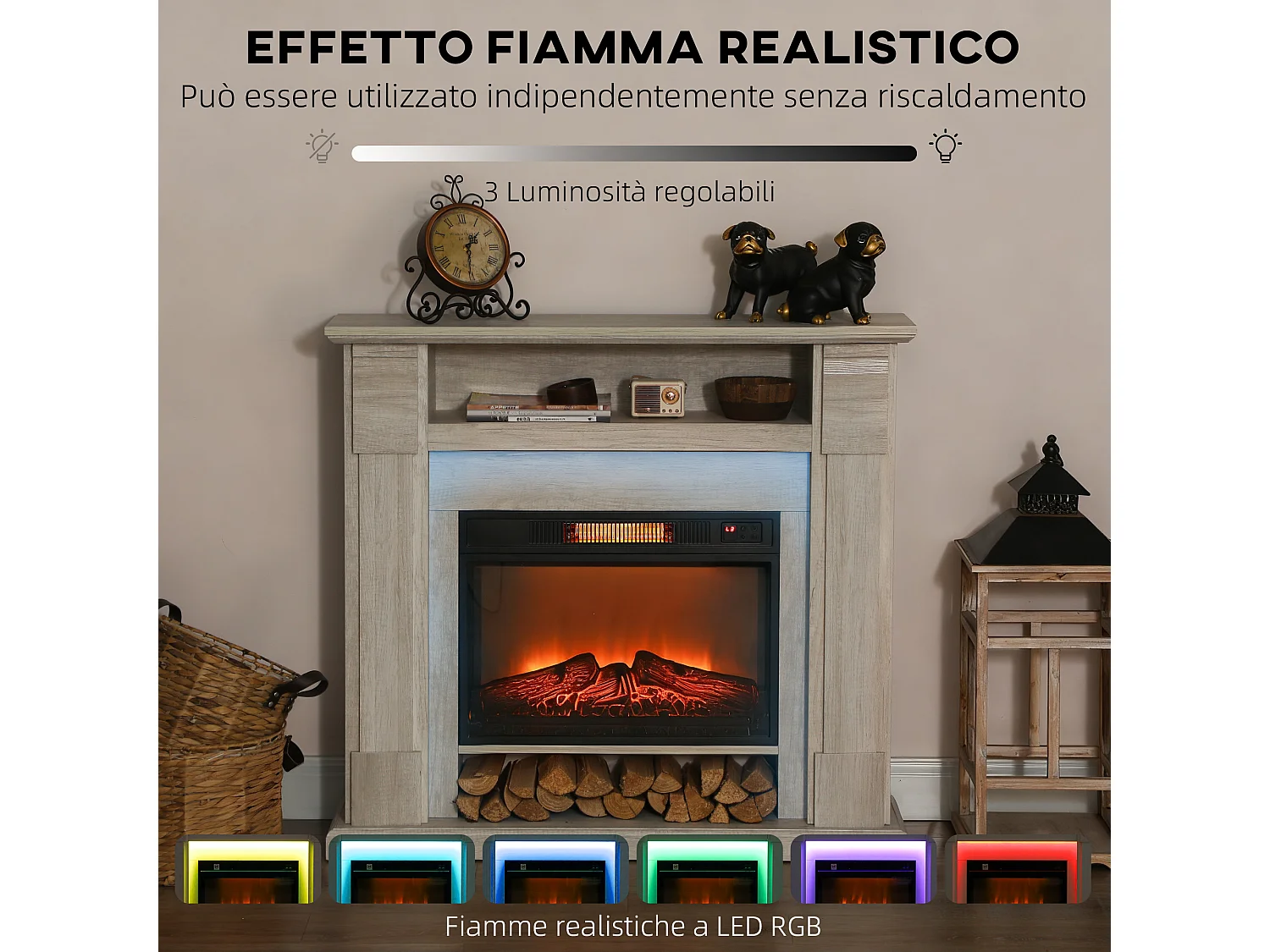 Camino elettrico con cornice effetto fiamma 3d realistico 3 modalità