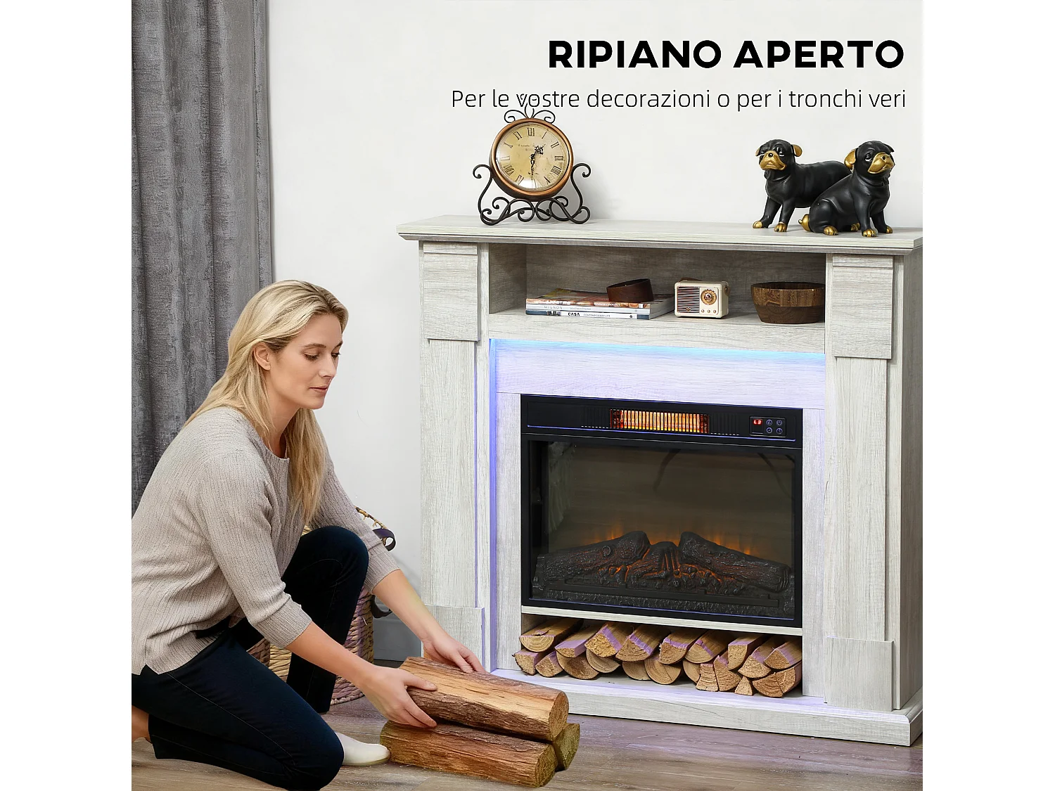 Camino elettrico con cornice effetto fiamma 3d realistico 3 modalità