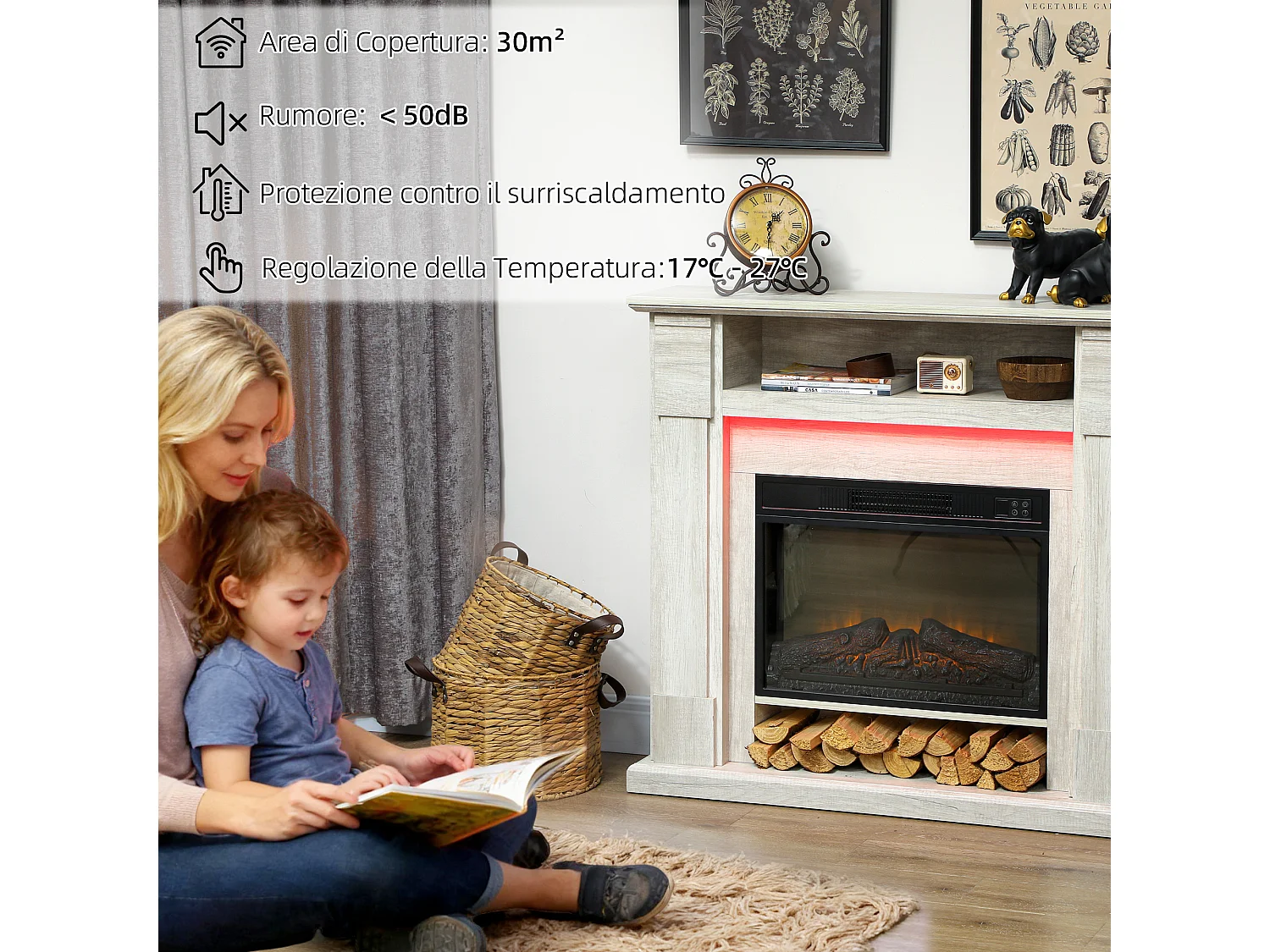 Camino elettrico con cornice effetto fiamma 3d realistico 3 modalità