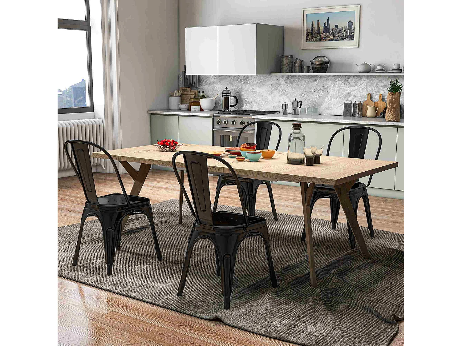 Set da 4 sedie da cucina impilabili dallo stile industriale in acciaio, 45x53x85cm, nero