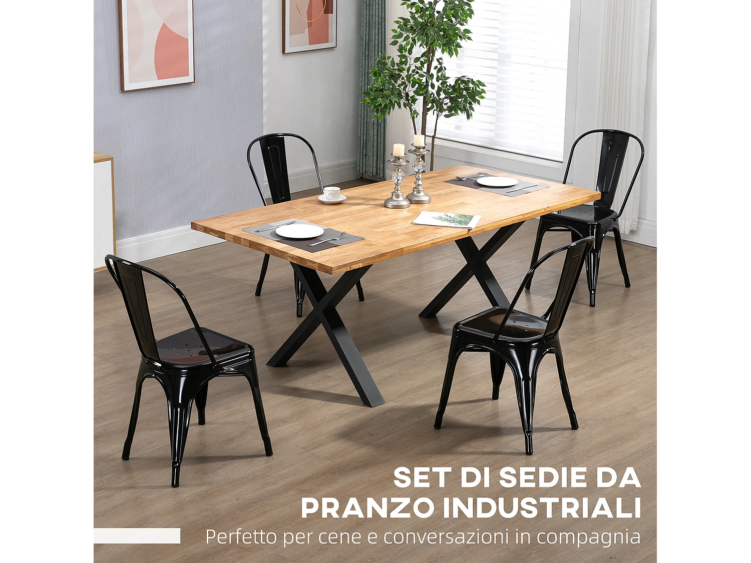 Set da 4 sedie da cucina impilabili dallo stile industriale in acciaio, 45x53x85cm, nero