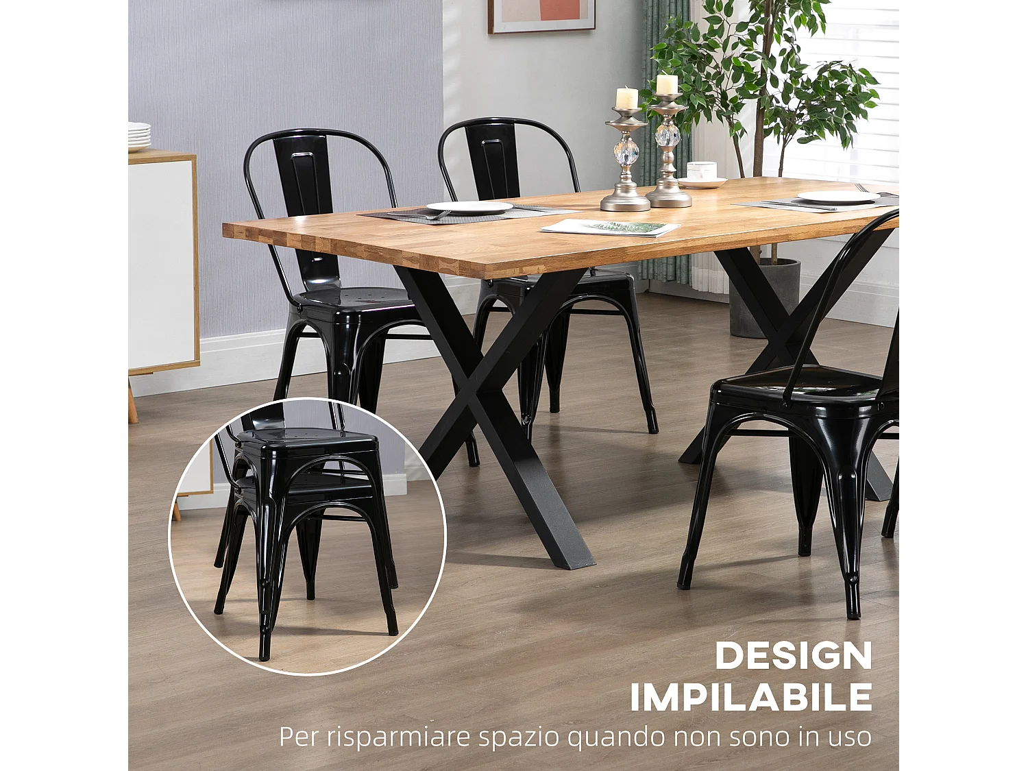 Set da 4 sedie da cucina impilabili dallo stile industriale in acciaio, 45x53x85cm, nero