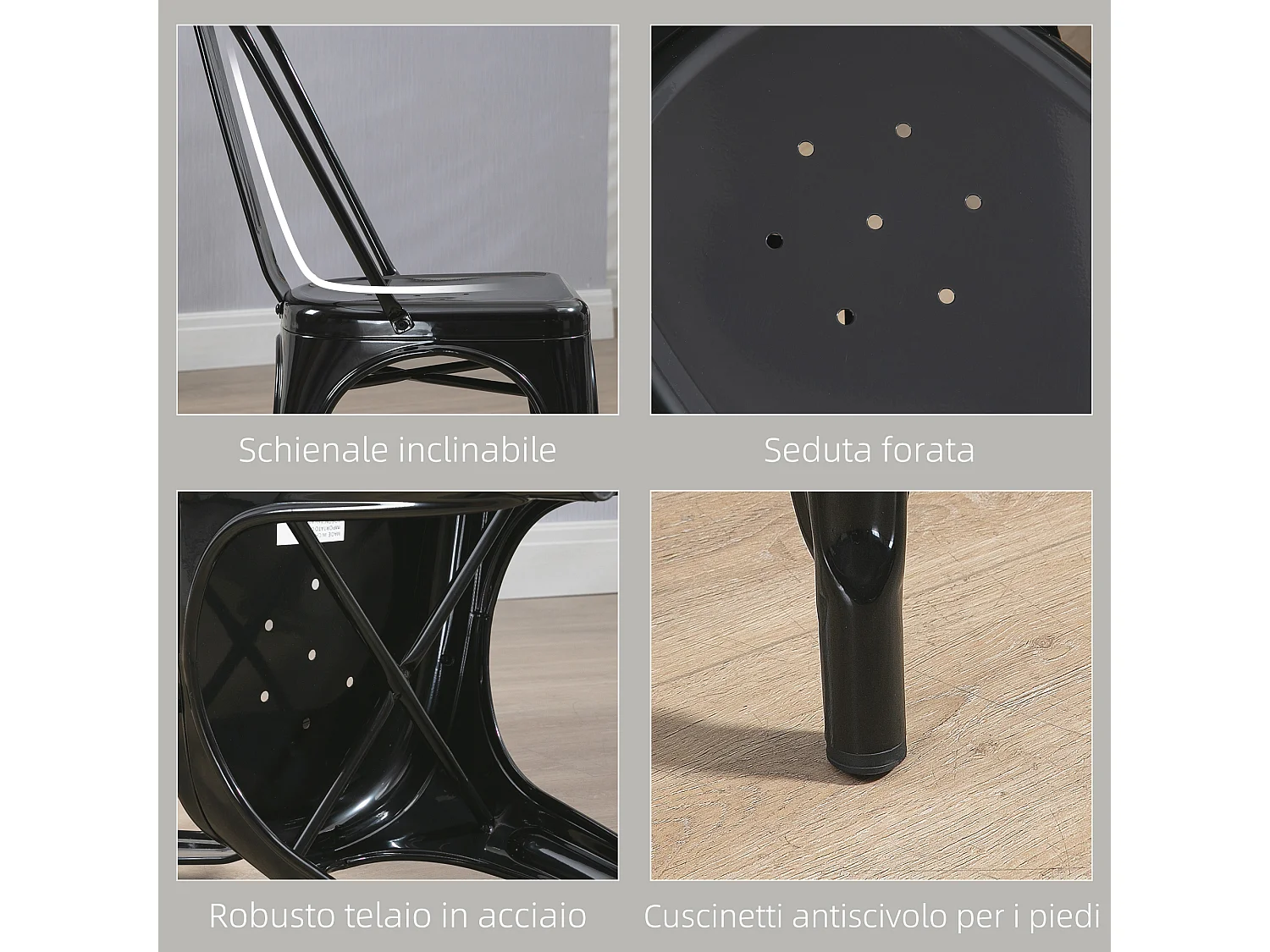 Set da 4 sedie da cucina impilabili dallo stile industriale in acciaio, 45x53x85cm, nero