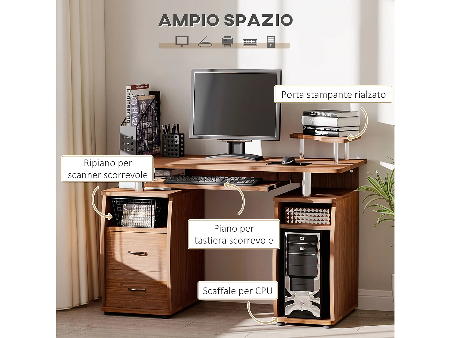 Scrivania porta pc in legno con cassetti e porta tastiera