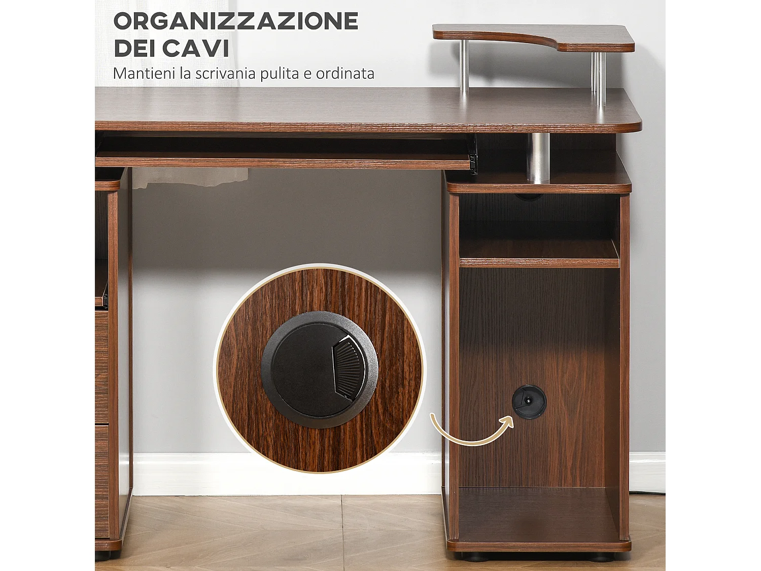 Scrivania porta pc in legno con cassetti e porta tastiera