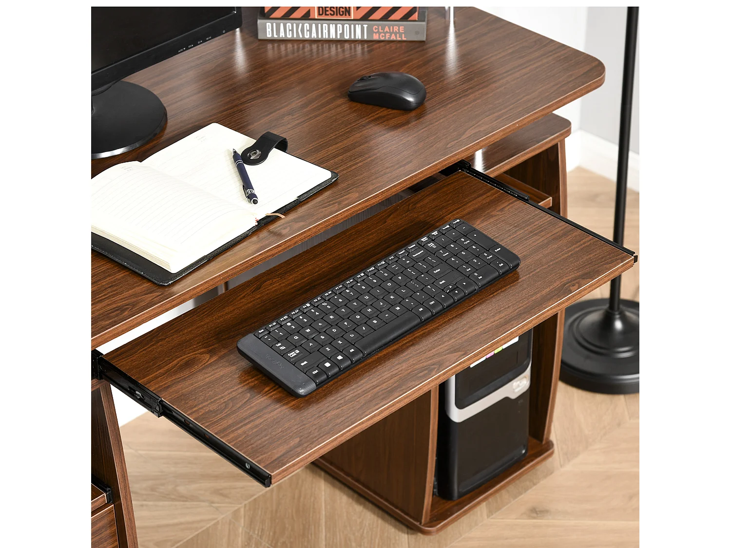 Scrivania porta pc in legno con cassetti e porta tastiera