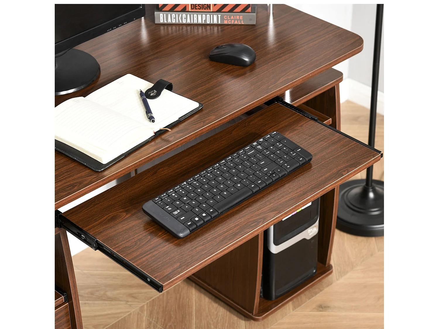 Scrivania porta pc in legno con cassetti e porta tastiera