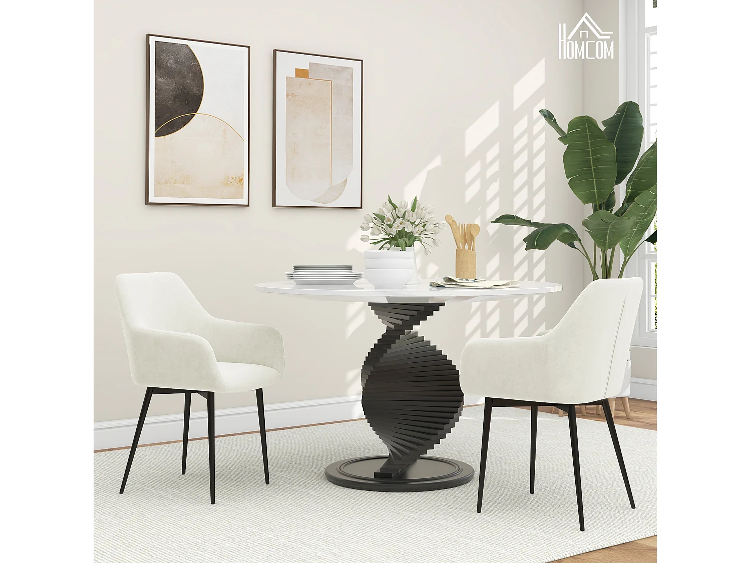 Set 2 sedie da pranzo stile nordico vellutato con braccioli crema