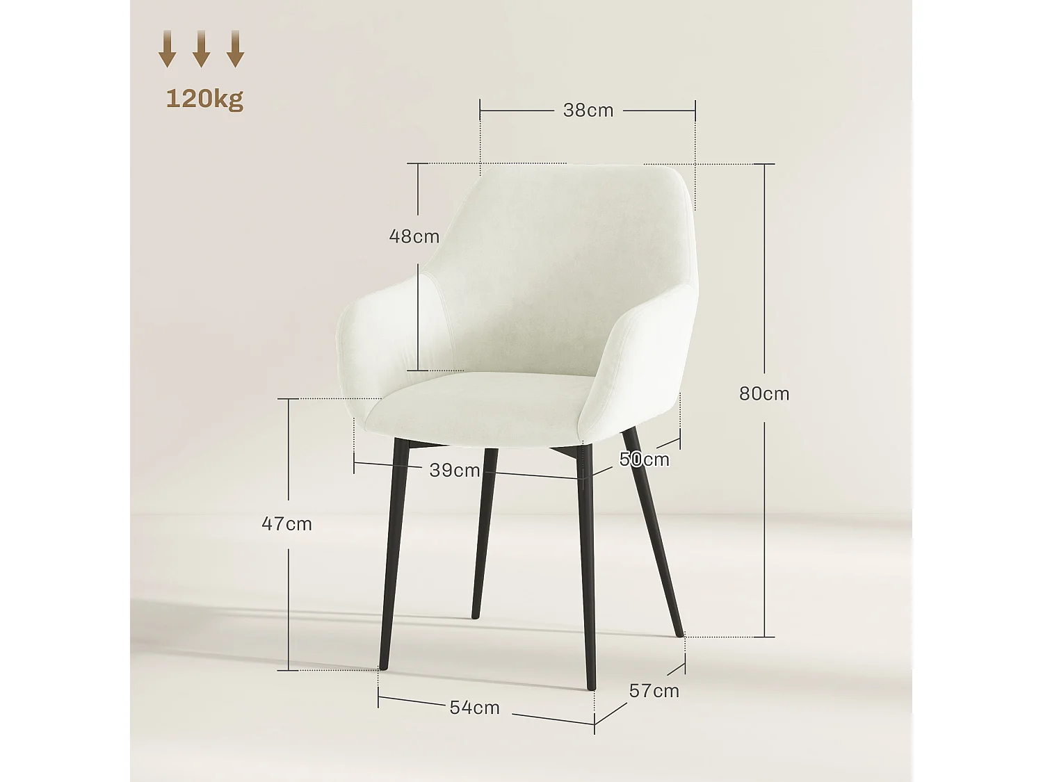 Set 2 sedie da pranzo stile nordico vellutato con braccioli crema