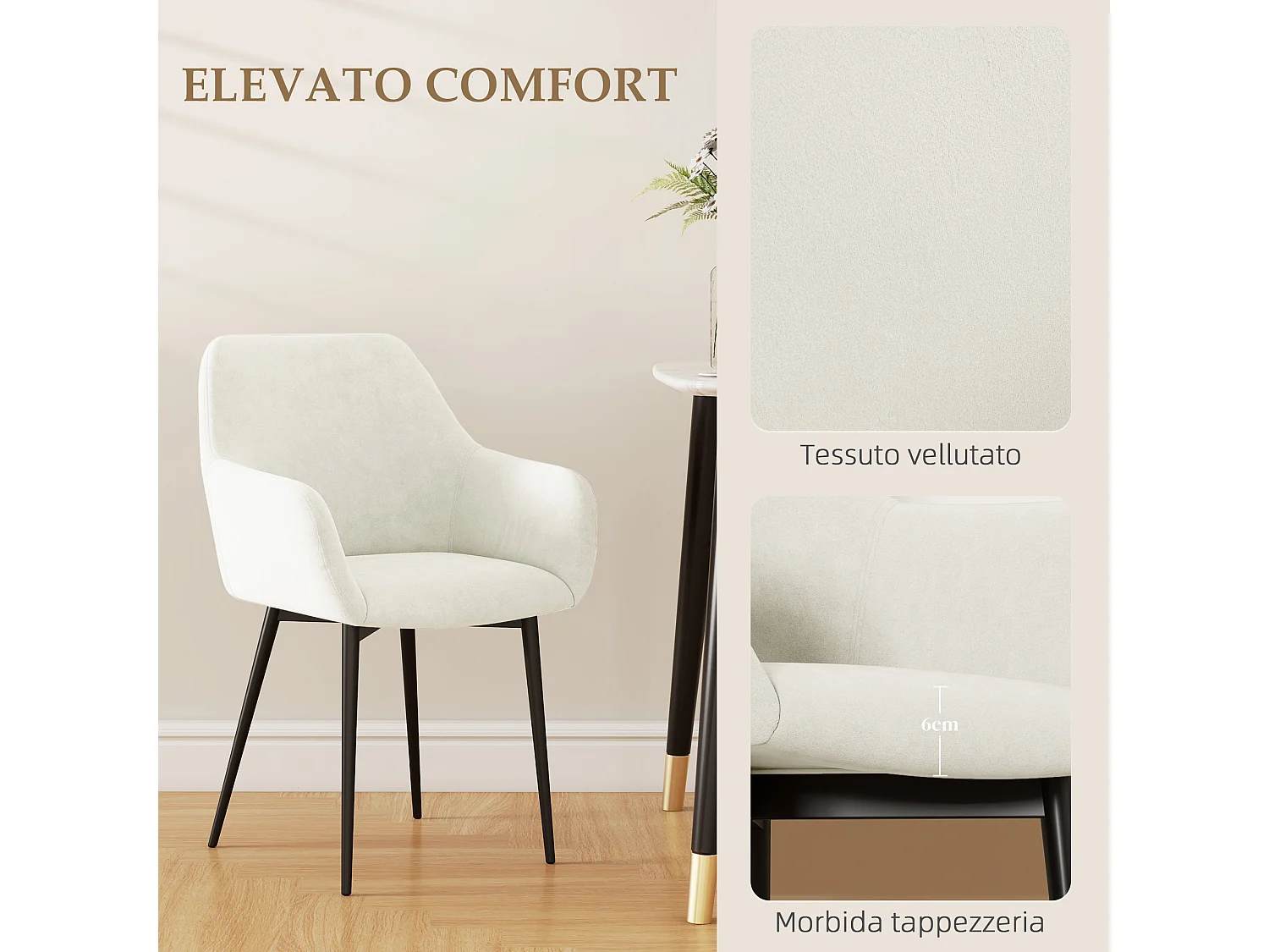 Set 2 sedie da pranzo stile nordico vellutato con braccioli crema