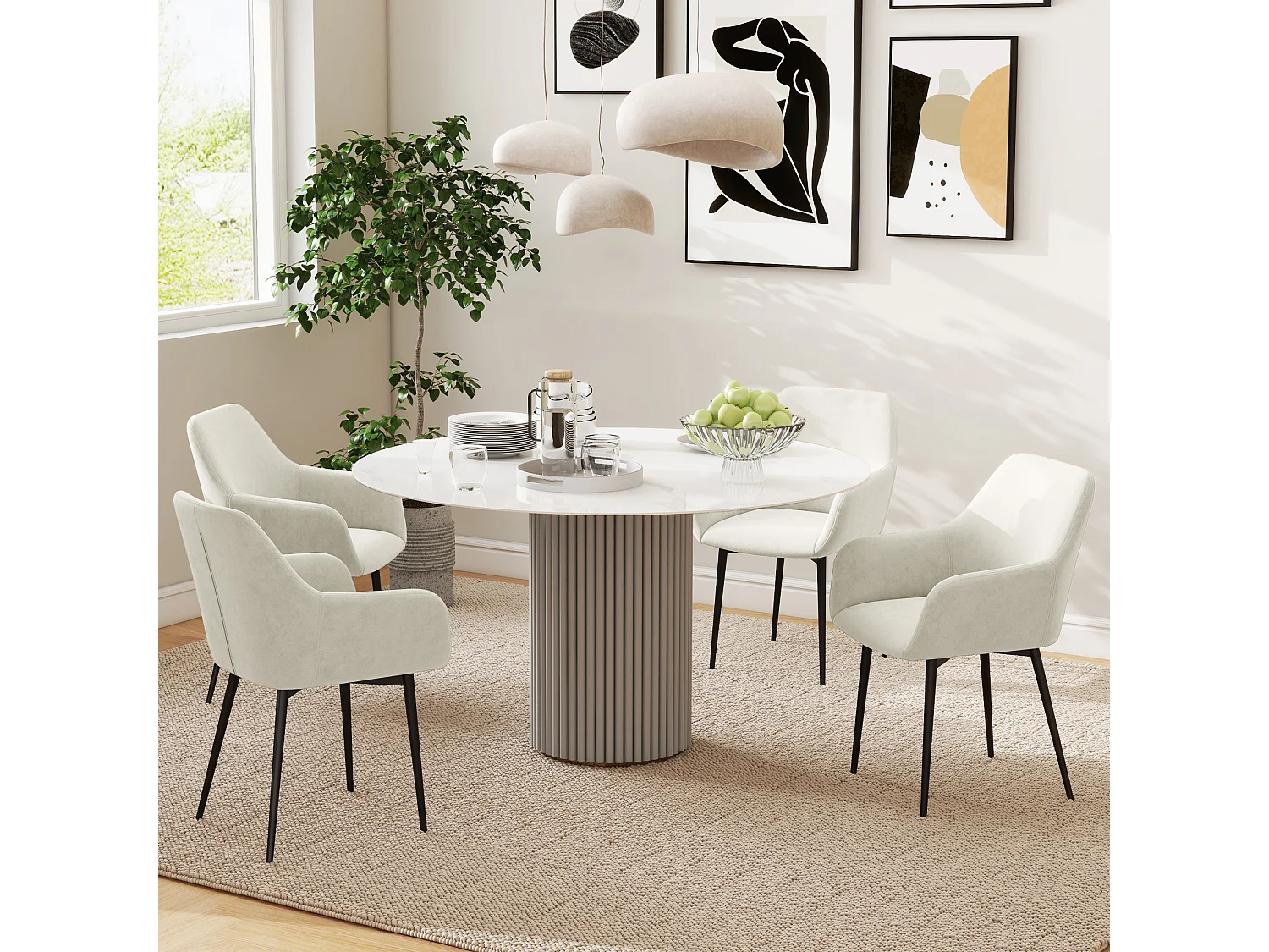 Set 2 sedie da pranzo stile nordico vellutato con braccioli crema