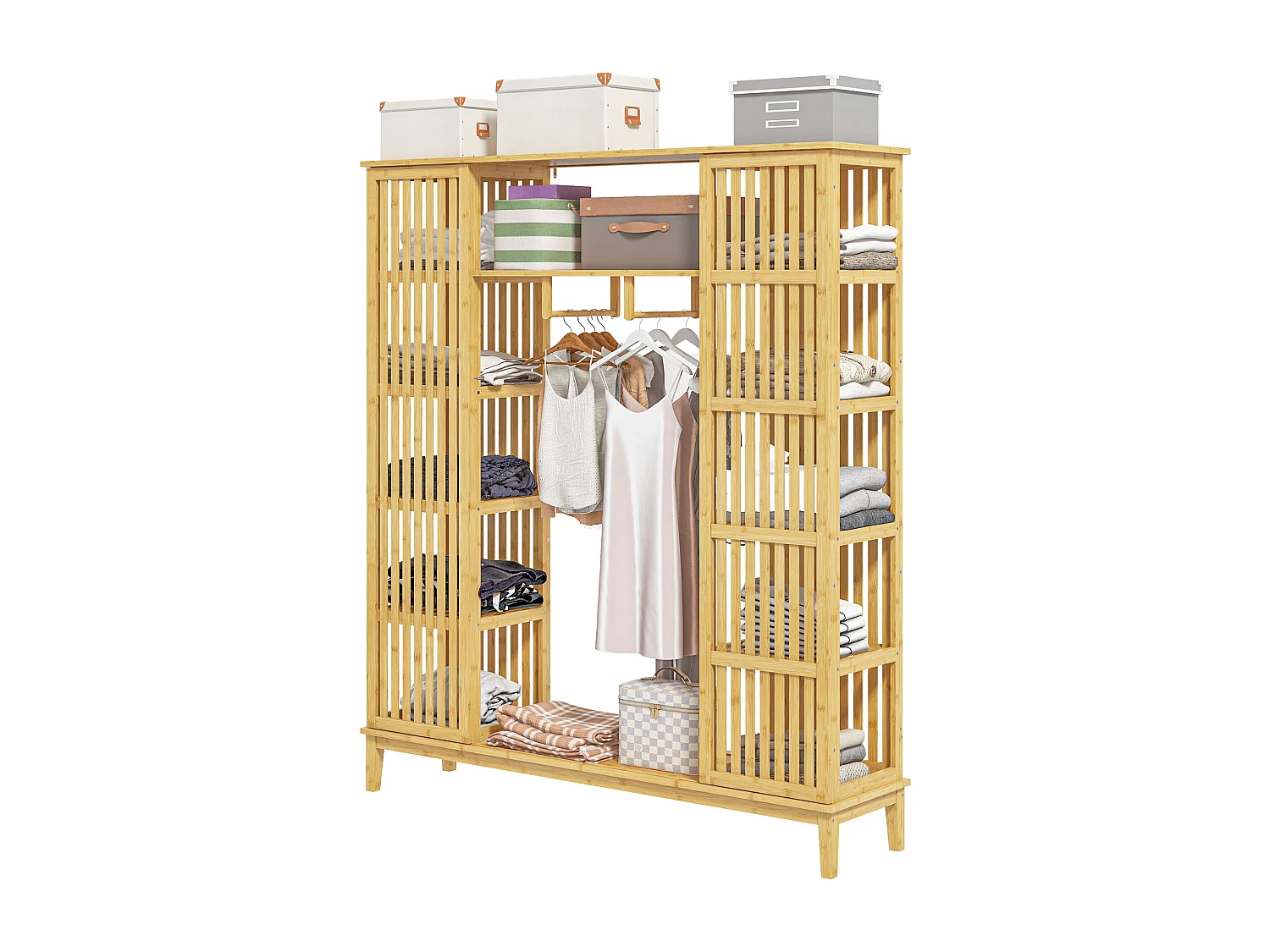 Armadio aperto con 2 ante scorrevoli e ripiani aperti in bambù