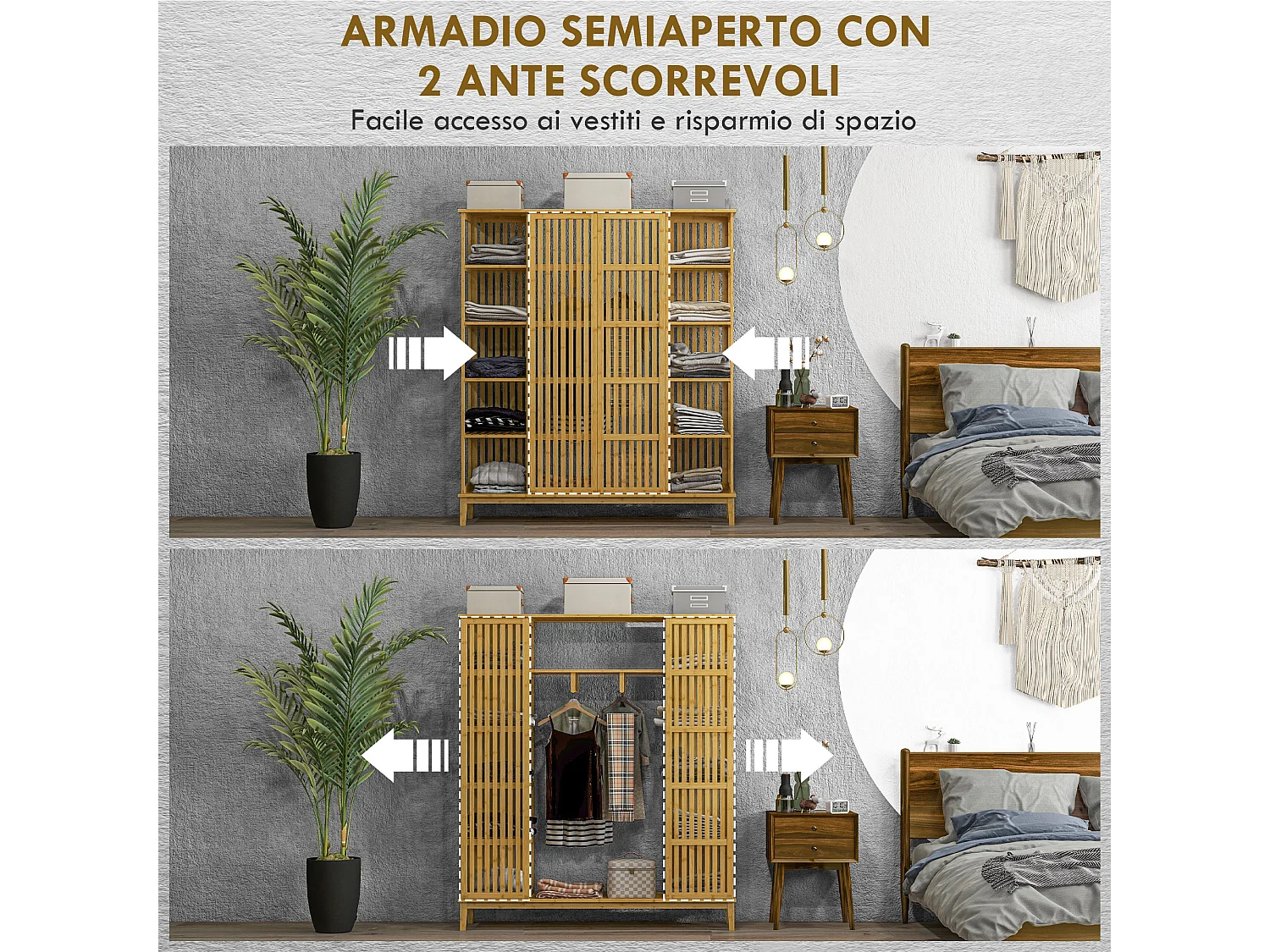 Armadio aperto con 2 ante scorrevoli e ripiani aperti in bambù