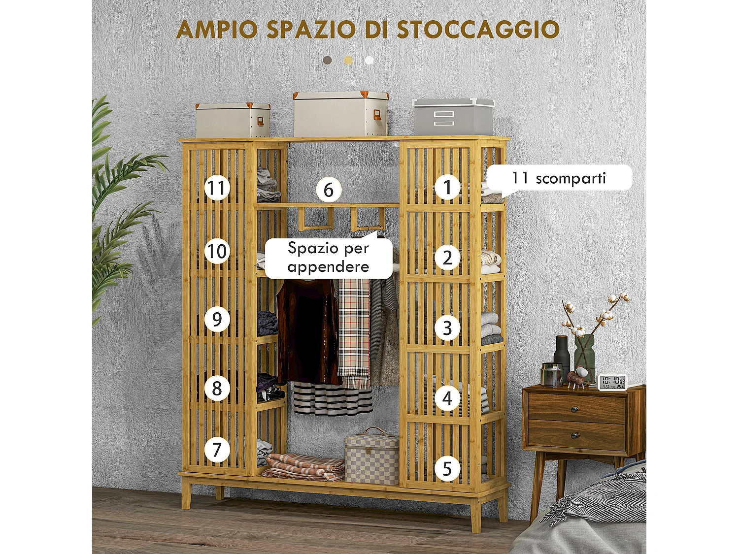 Armadio aperto con 2 ante scorrevoli e ripiani aperti in bambù