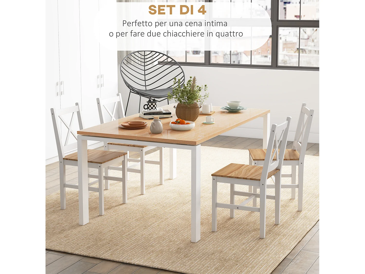 Set 4 sedie per cucina e salotto con schienale a croce in legno