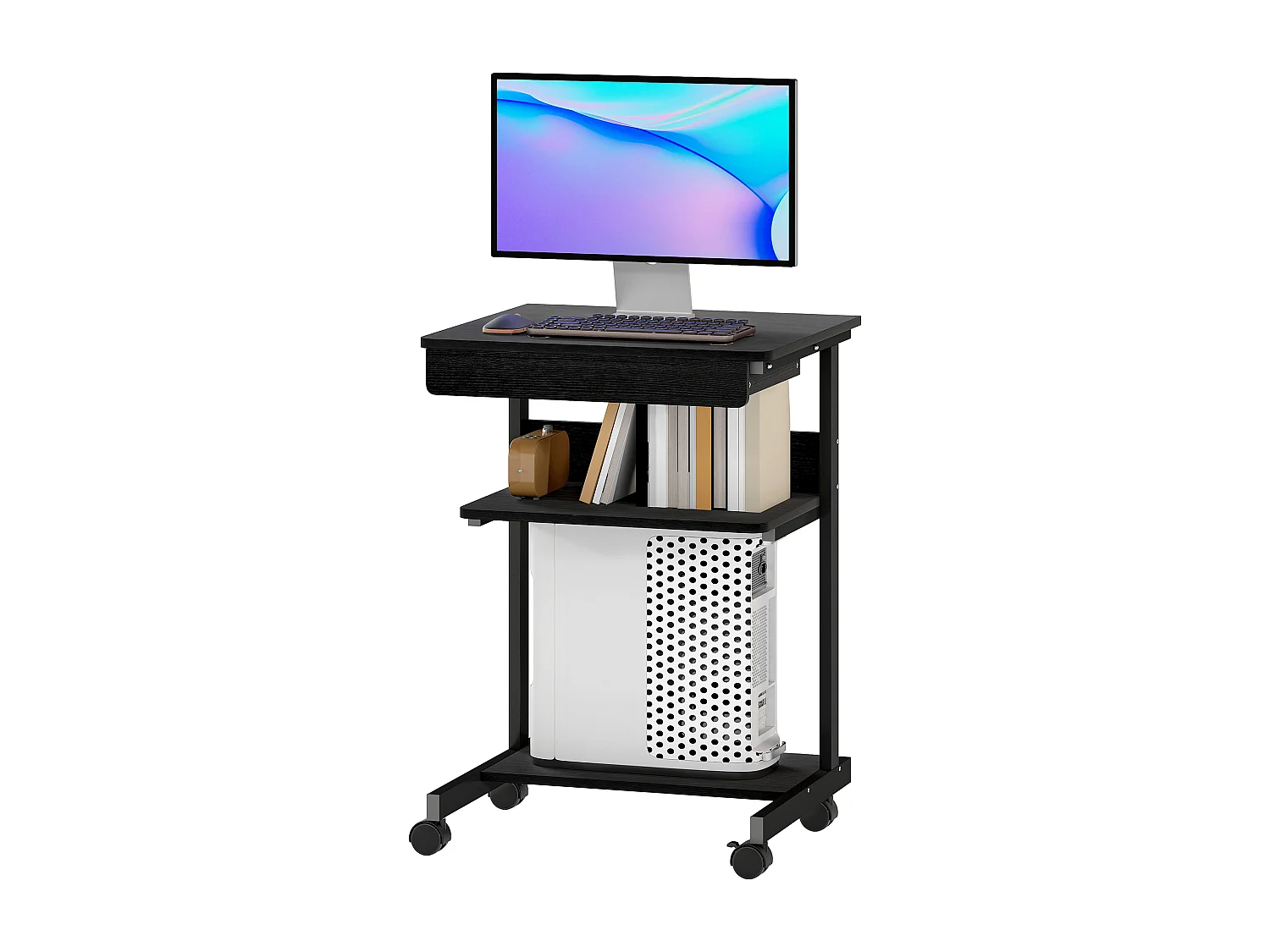 Scrivania pc con cassetto scorrevole e 2 ripiani aperti nero