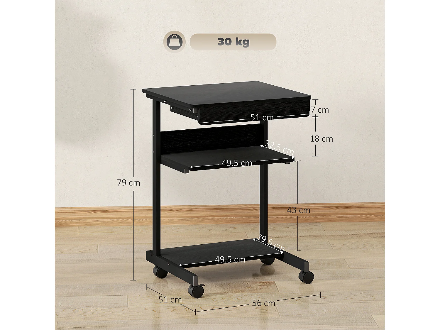 Scrivania pc con cassetto scorrevole e 2 ripiani aperti nero