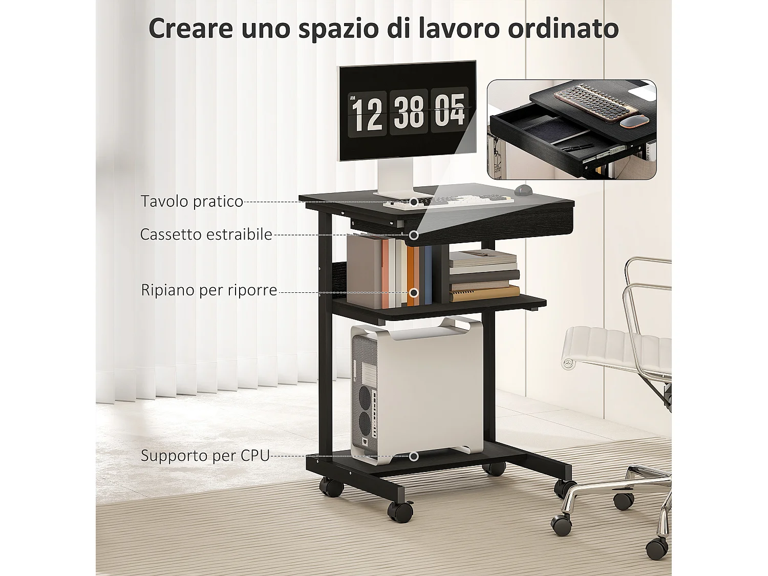 Scrivania pc con cassetto scorrevole e 2 ripiani aperti nero