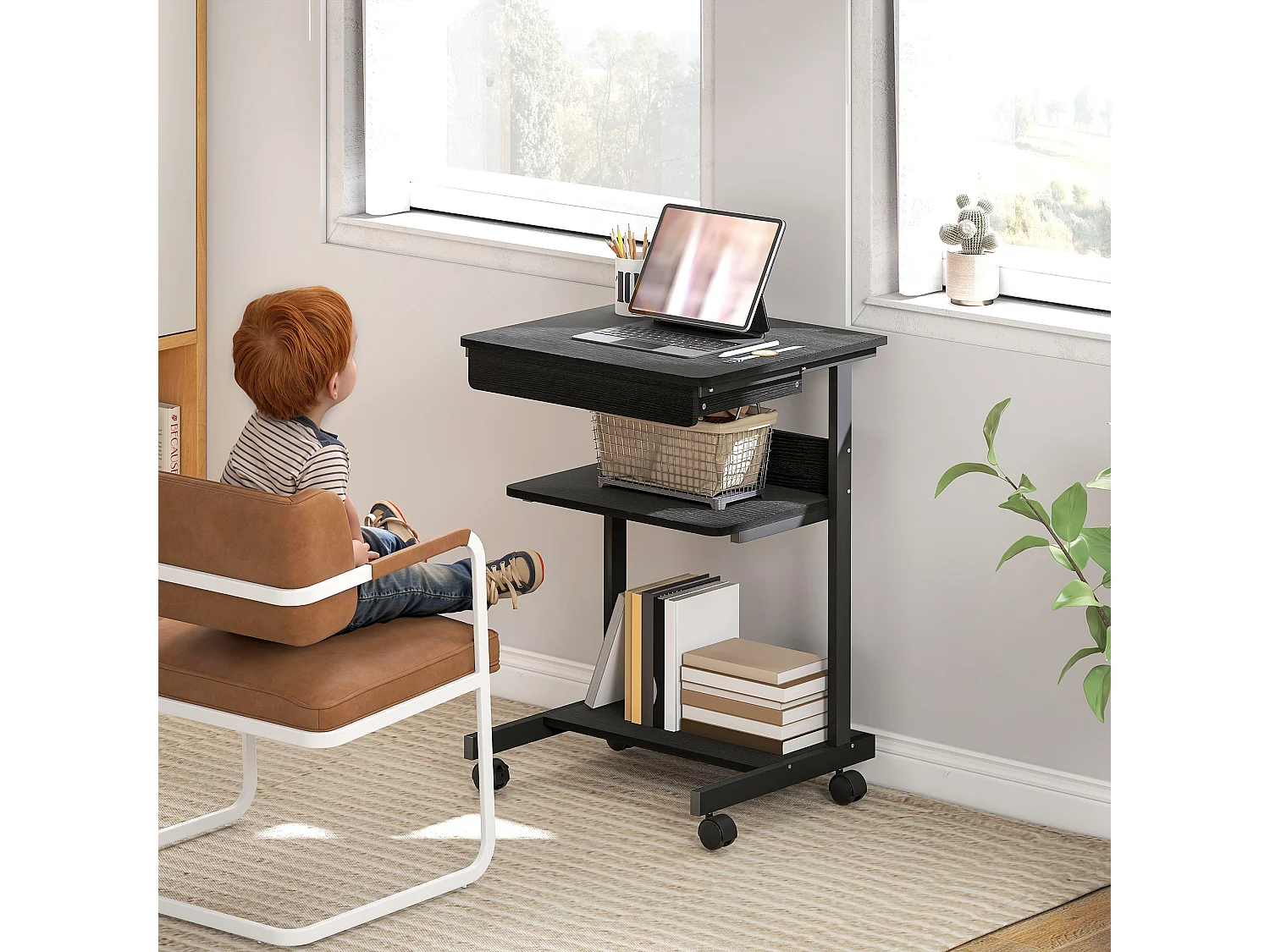 Scrivania pc con cassetto scorrevole e 2 ripiani aperti nero