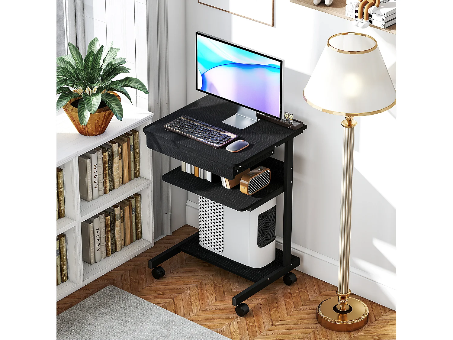 Scrivania pc con cassetto scorrevole e 2 ripiani aperti nero