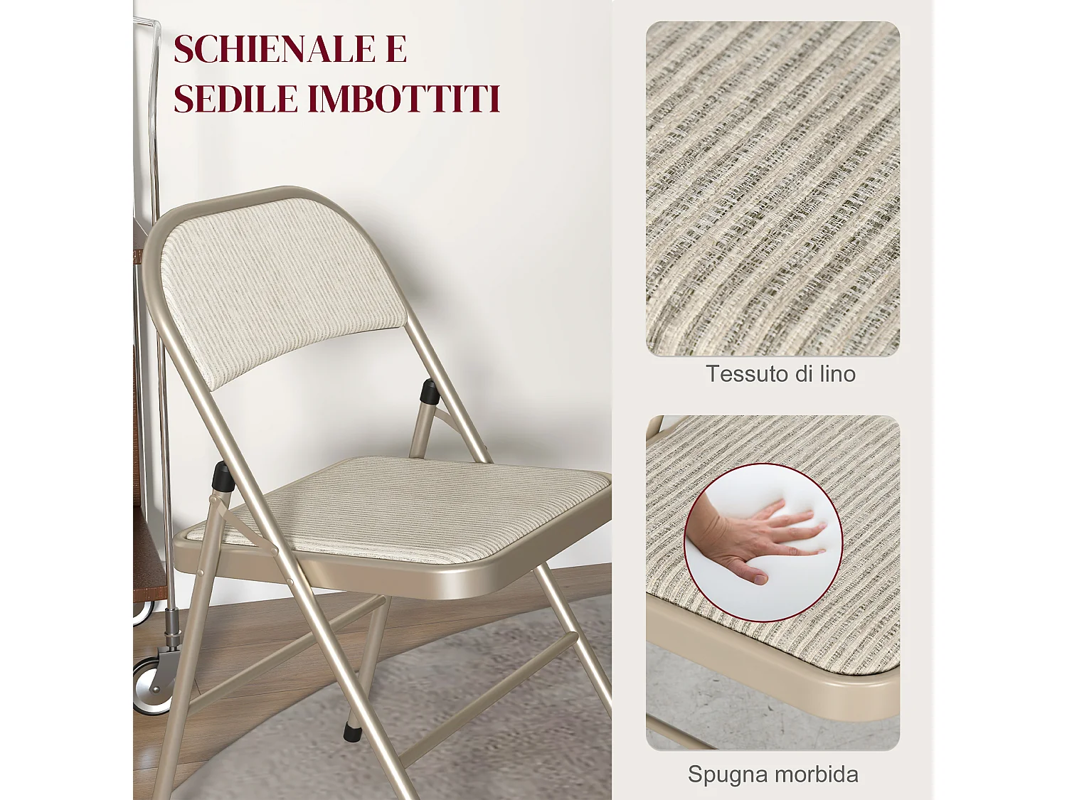 Set di 4 sedie pieghevoli imbottite in poliestere, sedie richiudibili salvaspazio in acciaio