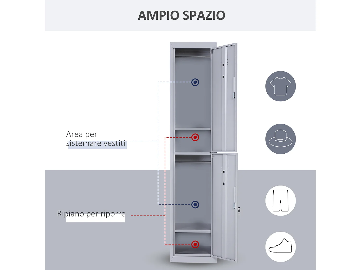 Armadietto 2 ante con 4 ripiani e chiusura di sicurezza acciaio grigio