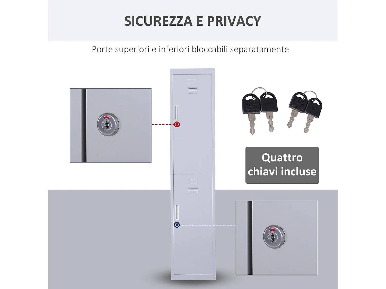 Armadietto 2 ante con 4 ripiani e chiusura di sicurezza acciaio grigio