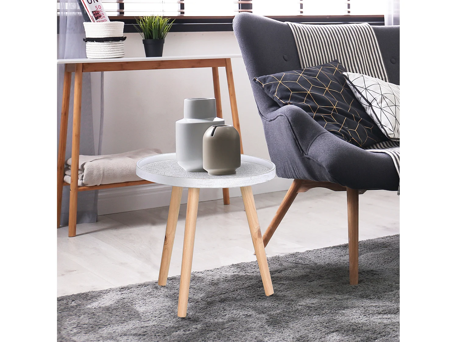 Tavolino da salotto rotondo bordo rialzato in legno bianco oro